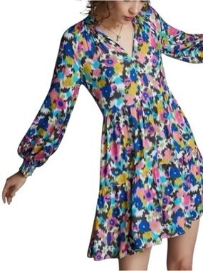 Anthropologie Ranna Gill Katya Floral Mini Dress Boho Tiered S Whimsical